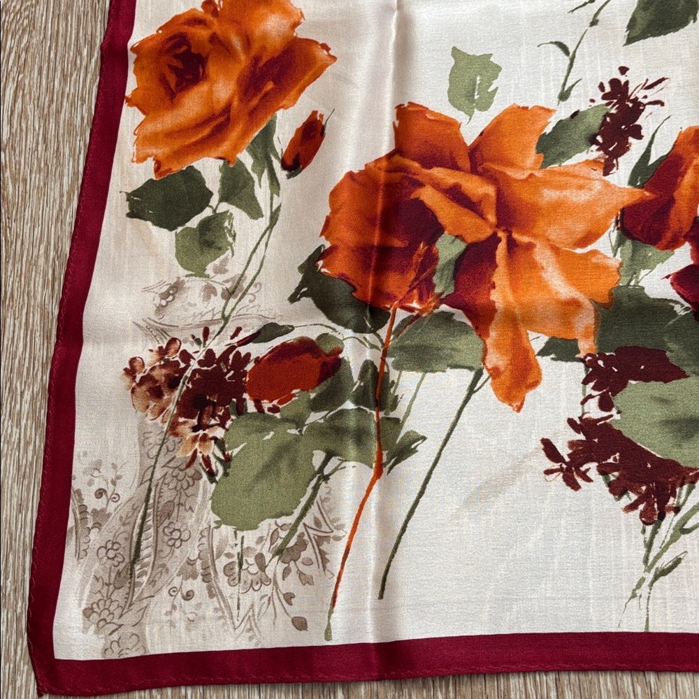 Anne Klein pink & red rose floral silk square scarf - Picture 3 of 6